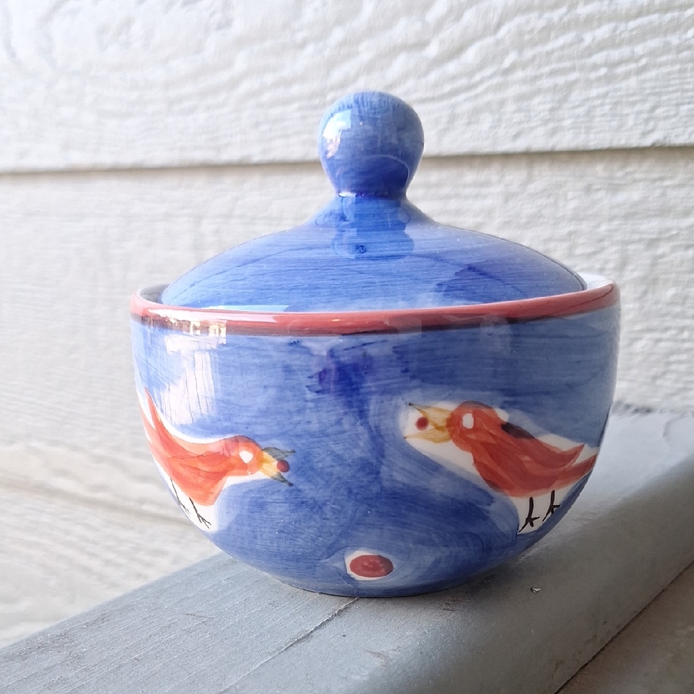 April Cornell 2000 Bird Themed Covered Trinket Dish Sugar Bowl?  Blue & Red